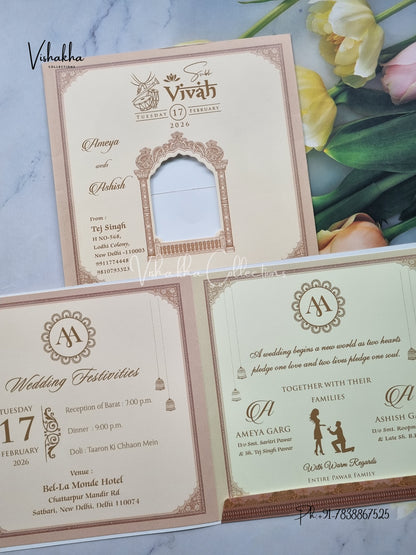 Ganesh Ji Dulah Dulhan Hindu Light Brown Colored invitation Cards NA-1125-166
