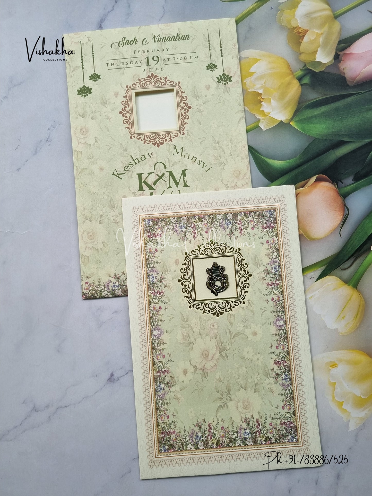 Flower Hindu Muslim Christian Sikh Light Green Colored invitation Cards NA-1125-169