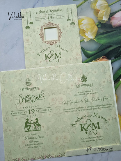 Flower Hindu Muslim Christian Sikh Light Green Colored invitation Cards NA-1125-169