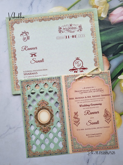 Semi Box Hindu Muslim Christian Sikh Pista Green Colored invitation Cards NA-1125-174