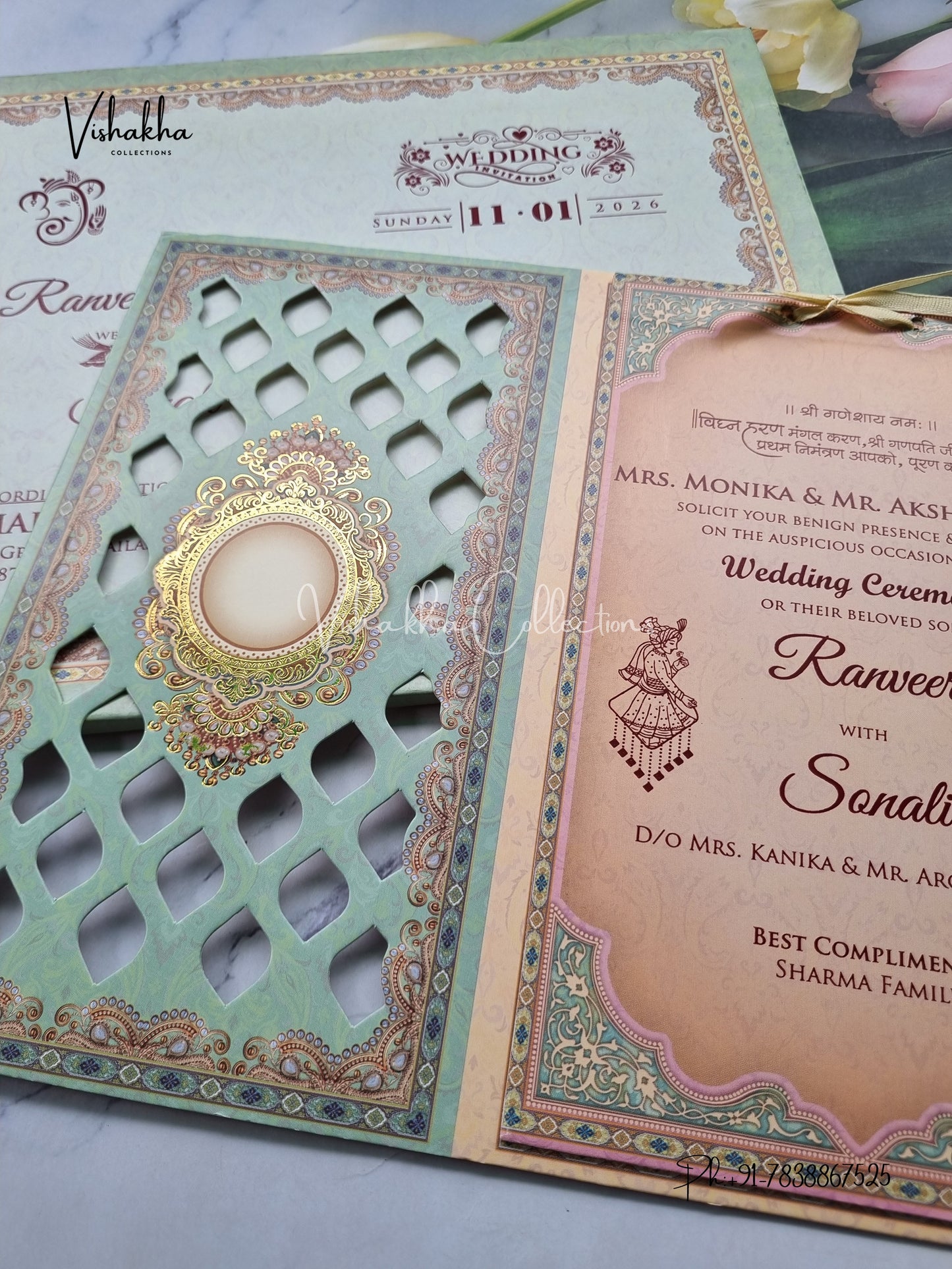 Semi Box Hindu Muslim Christian Sikh Pista Green Colored invitation Cards NA-1125-174