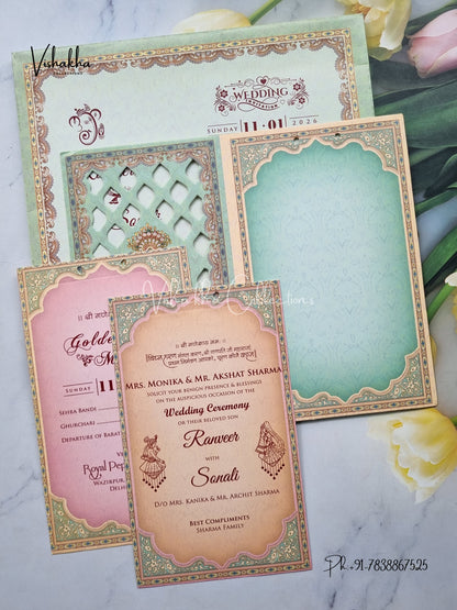 Semi Box Hindu Muslim Christian Sikh Pista Green Colored invitation Cards NA-1125-174