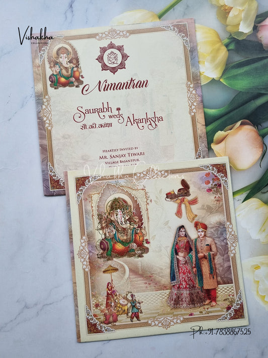 Ganesh Ji Dulah Dulhan Hindu Greyish Brown Colored invitation Cards NA-1125-189