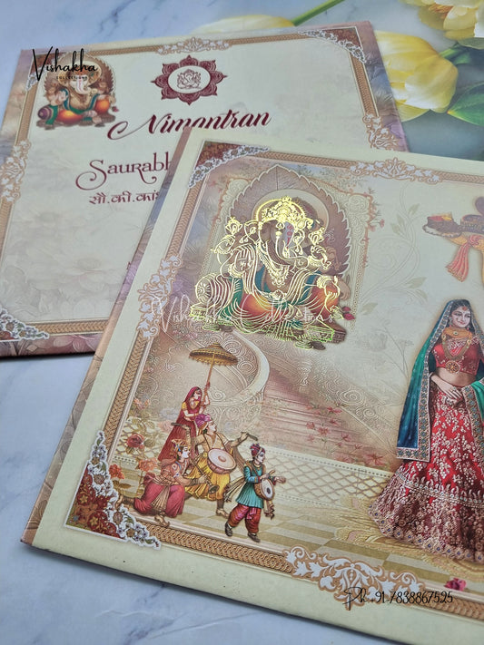 Ganesh Ji Dulah Dulhan Hindu Greyish Brown Colored invitation Cards NA-1125-189