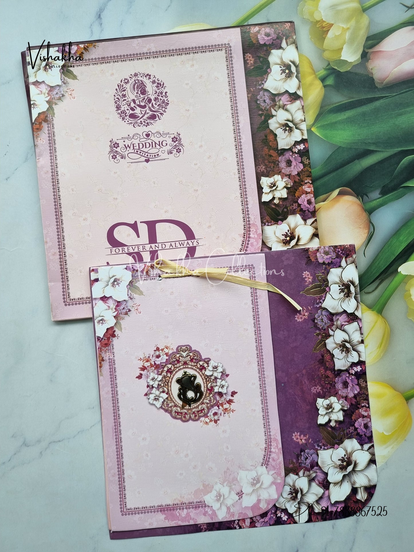 Semi Box Flower Hindu Muslim Christian Sikh Purple Colored invitation Cards NA-1125-19