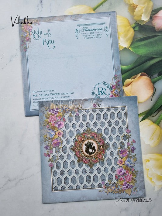 Flower Hindu Muslim Christian Sikh Blue Colored invitation Cards NA-1125-191