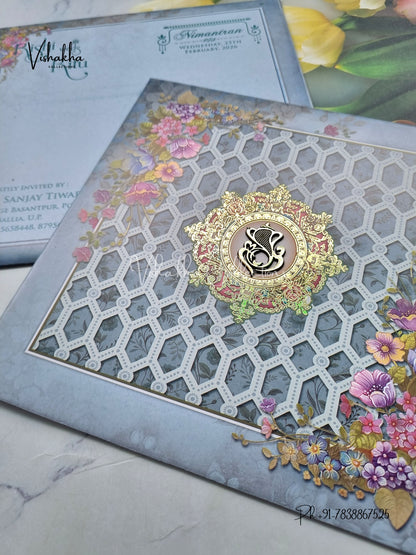 Flower Hindu Muslim Christian Sikh Blue Colored invitation Cards NA-1125-191