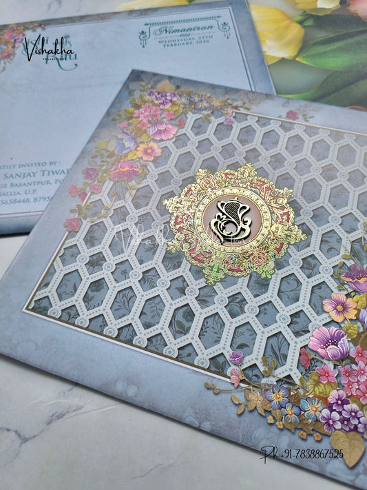 Flower Hindu Muslim Christian Sikh Blue Colored invitation Cards NA-1125-191