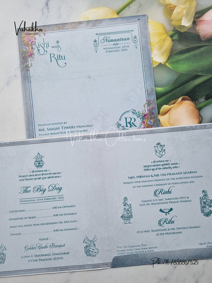 Flower Hindu Muslim Christian Sikh Blue Colored invitation Cards NA-1125-191