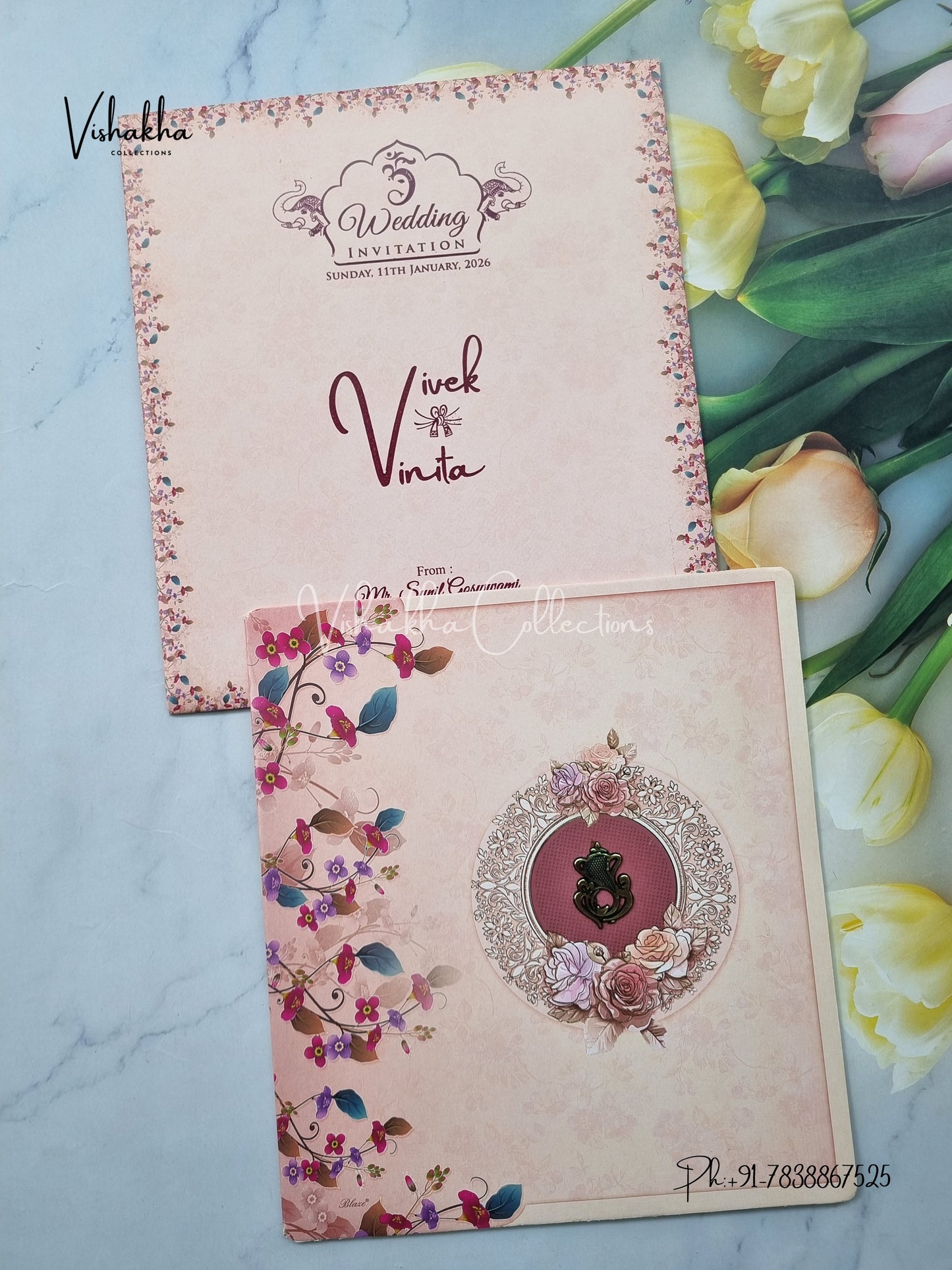 Flower Hindu Muslim Christian Sikh Peach Pink Colored invitation Cards NA-1125-20