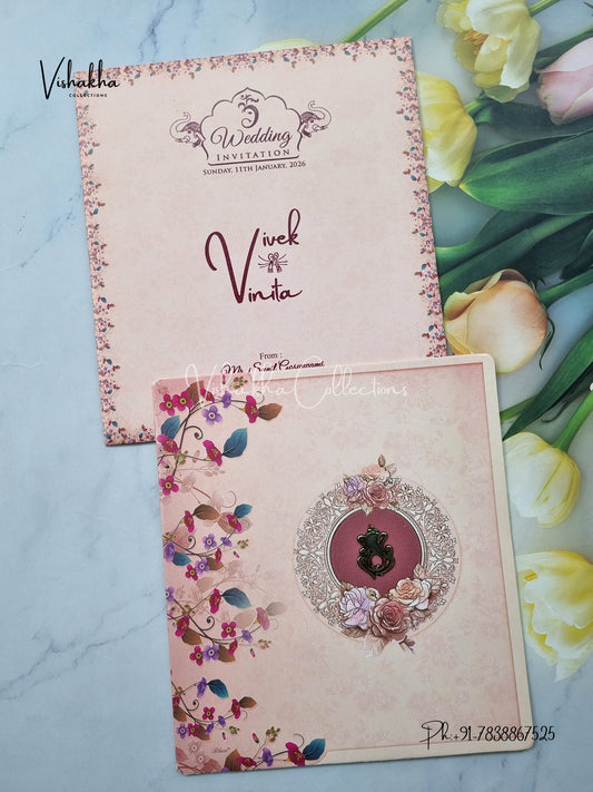 Flower Hindu Muslim Christian Sikh Peach Pink Colored invitation Cards NA-1125-20