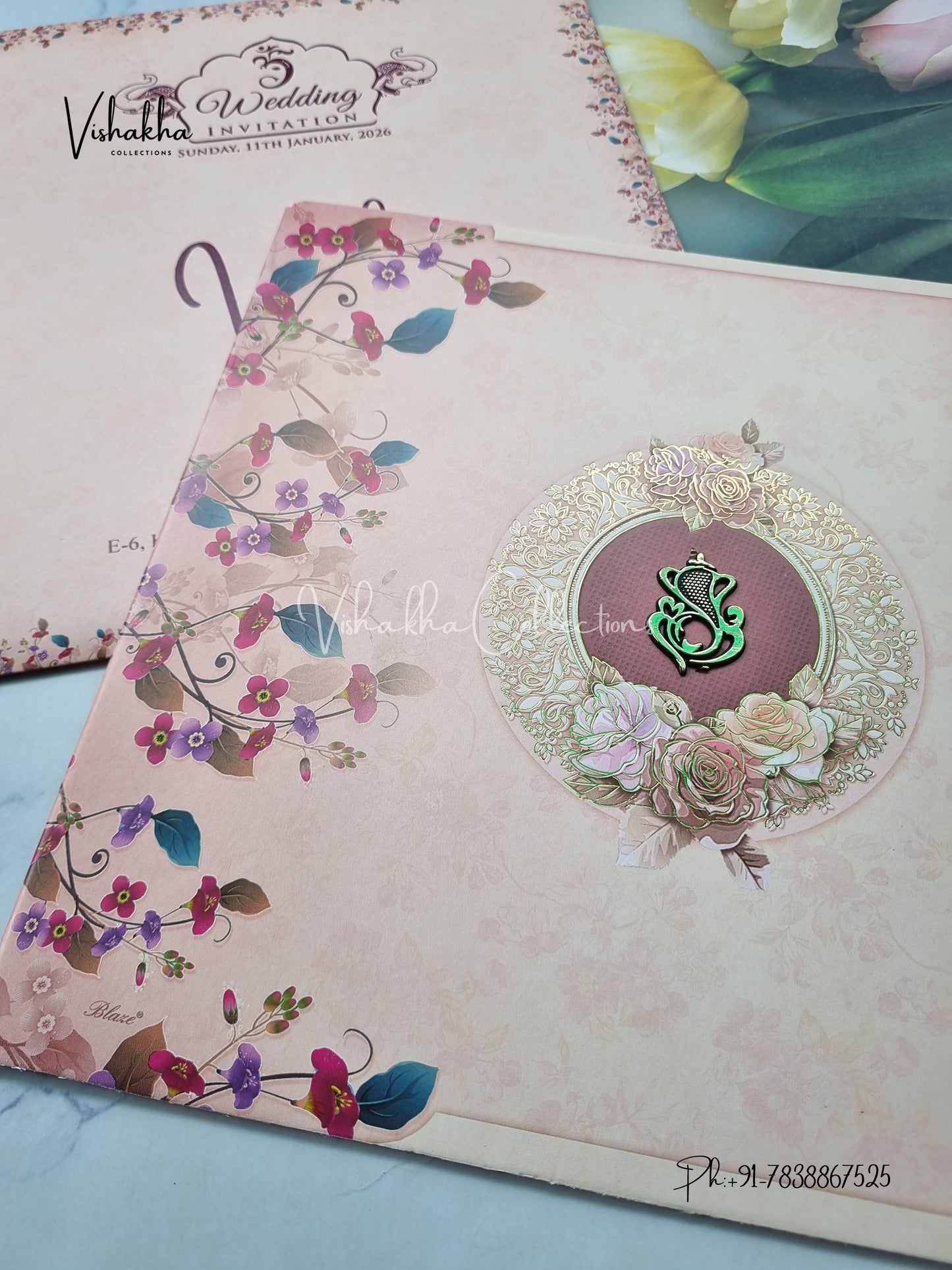 Flower Hindu Muslim Christian Sikh Peach Pink Colored invitation Cards NA-1125-20