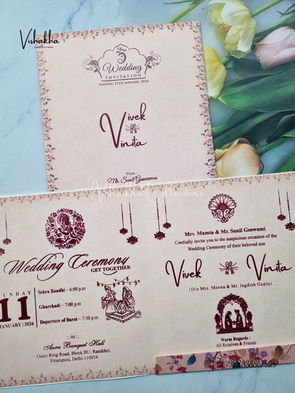 Flower Hindu Muslim Christian Sikh Peach Pink Colored invitation Cards NA-1125-20