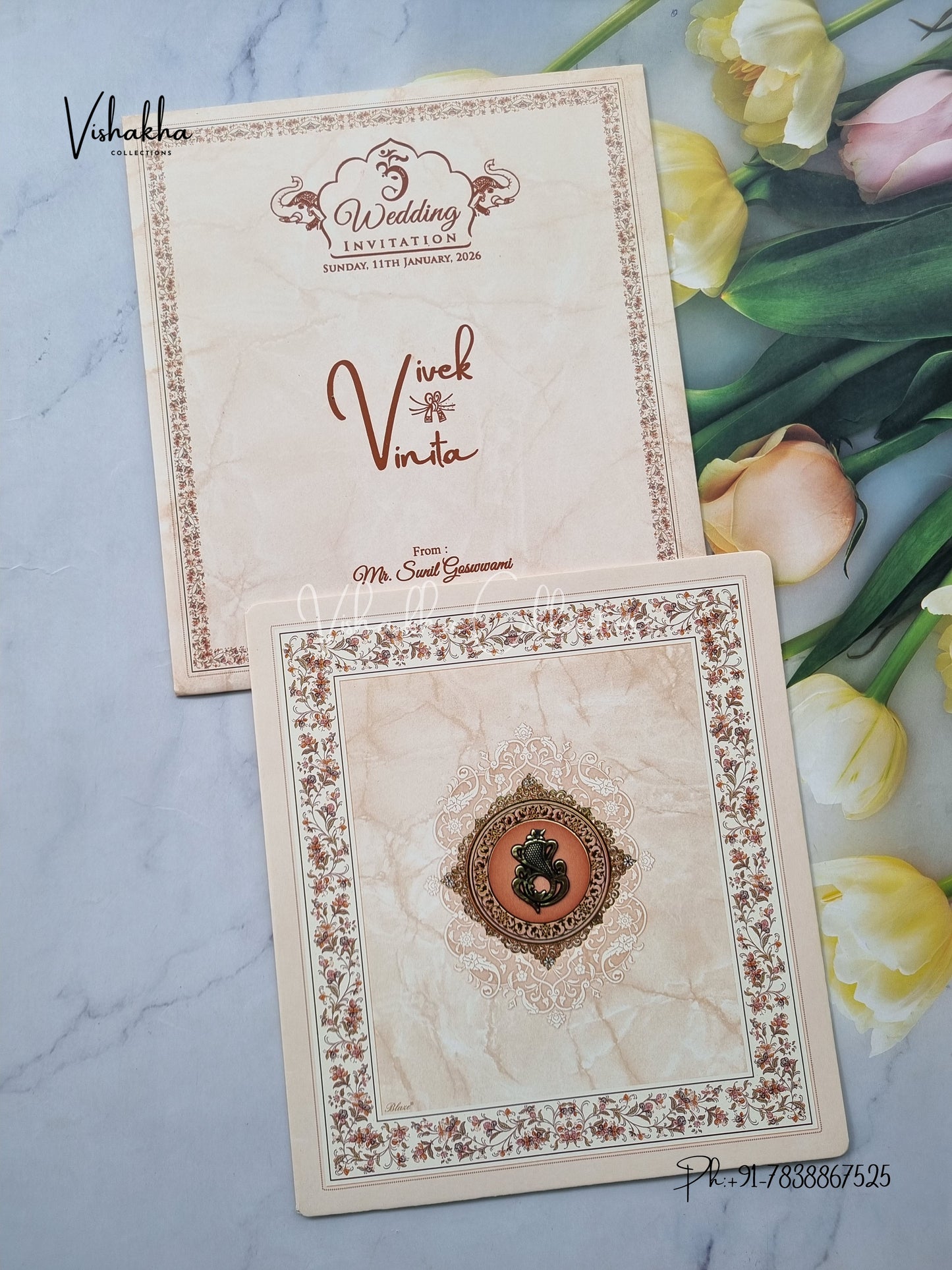 Flower Hindu Muslim Christian Sikh Light Brown Colored invitation Cards NA-1125-21