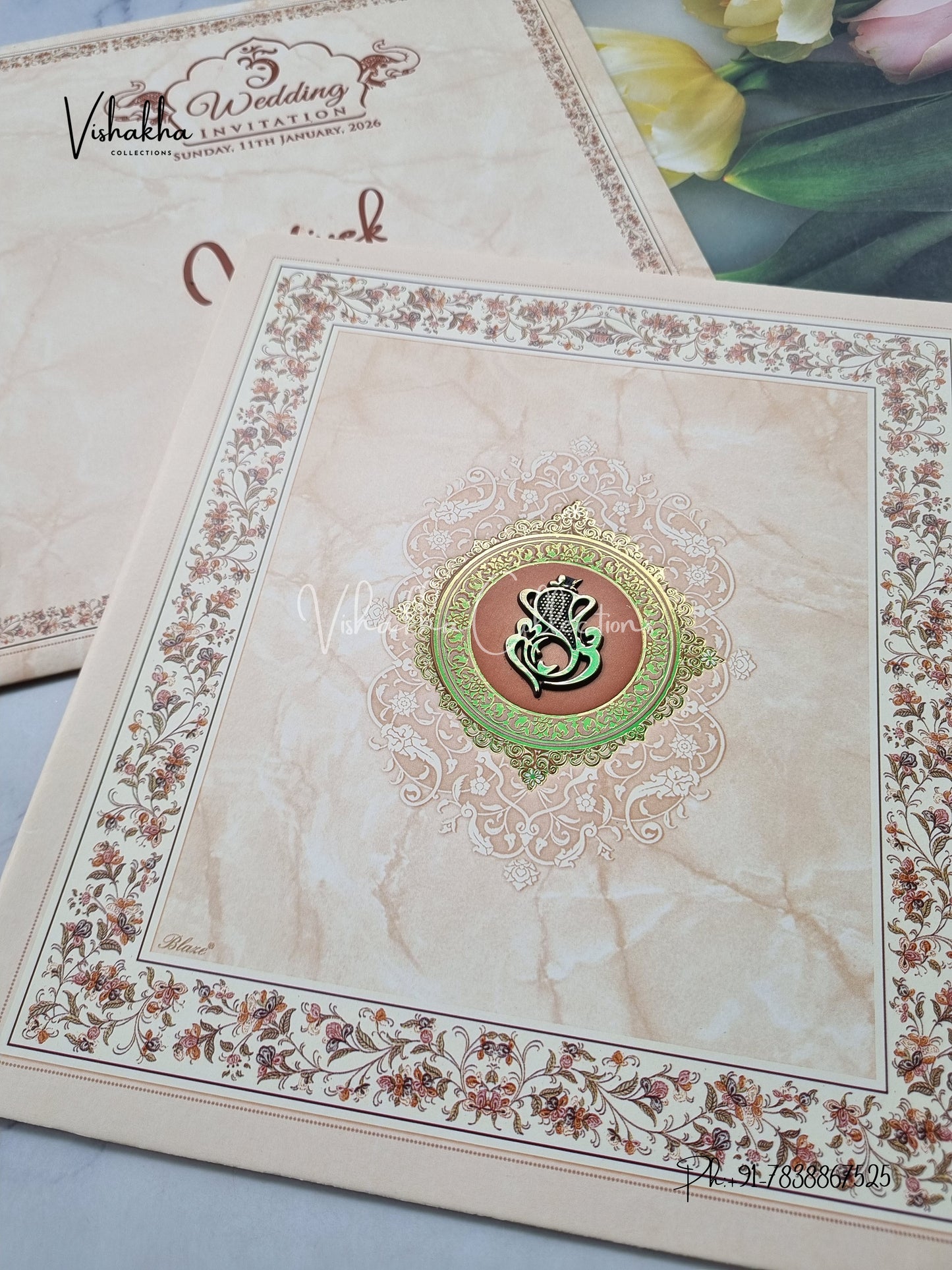 Flower Hindu Muslim Christian Sikh Light Brown Colored invitation Cards NA-1125-21