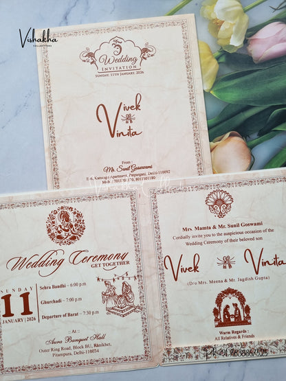 Flower Hindu Muslim Christian Sikh Light Brown Colored invitation Cards NA-1125-21