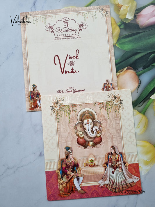 Ganesh Ji Dulah Dulhan Hindu Pink and Brown Colored invitation Cards NA-1125-22