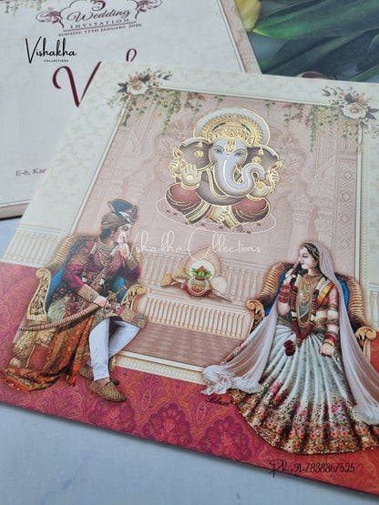 Ganesh Ji Dulah Dulhan Hindu Pink and Brown Colored invitation Cards NA-1125-22