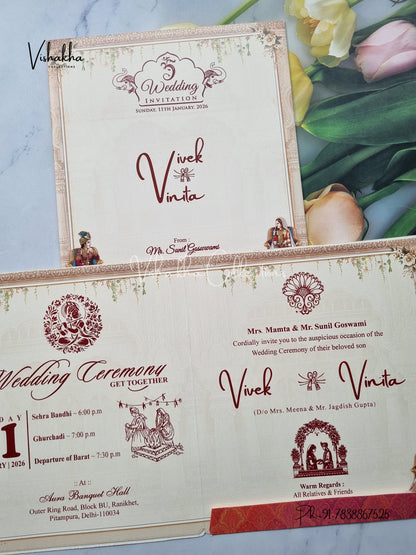Ganesh Ji Dulah Dulhan Hindu Pink and Brown Colored invitation Cards NA-1125-22