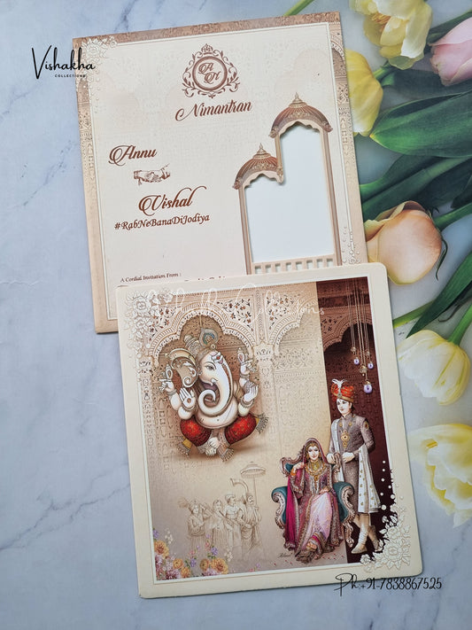 Barat Ganesh Ji Dulah Dulhan Hindu Light Brown Colored invitation Cards NA-1125-23