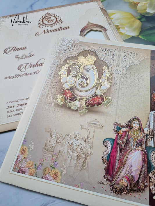 Barat Ganesh Ji Dulah Dulhan Hindu Light Brown Colored invitation Cards NA-1125-23