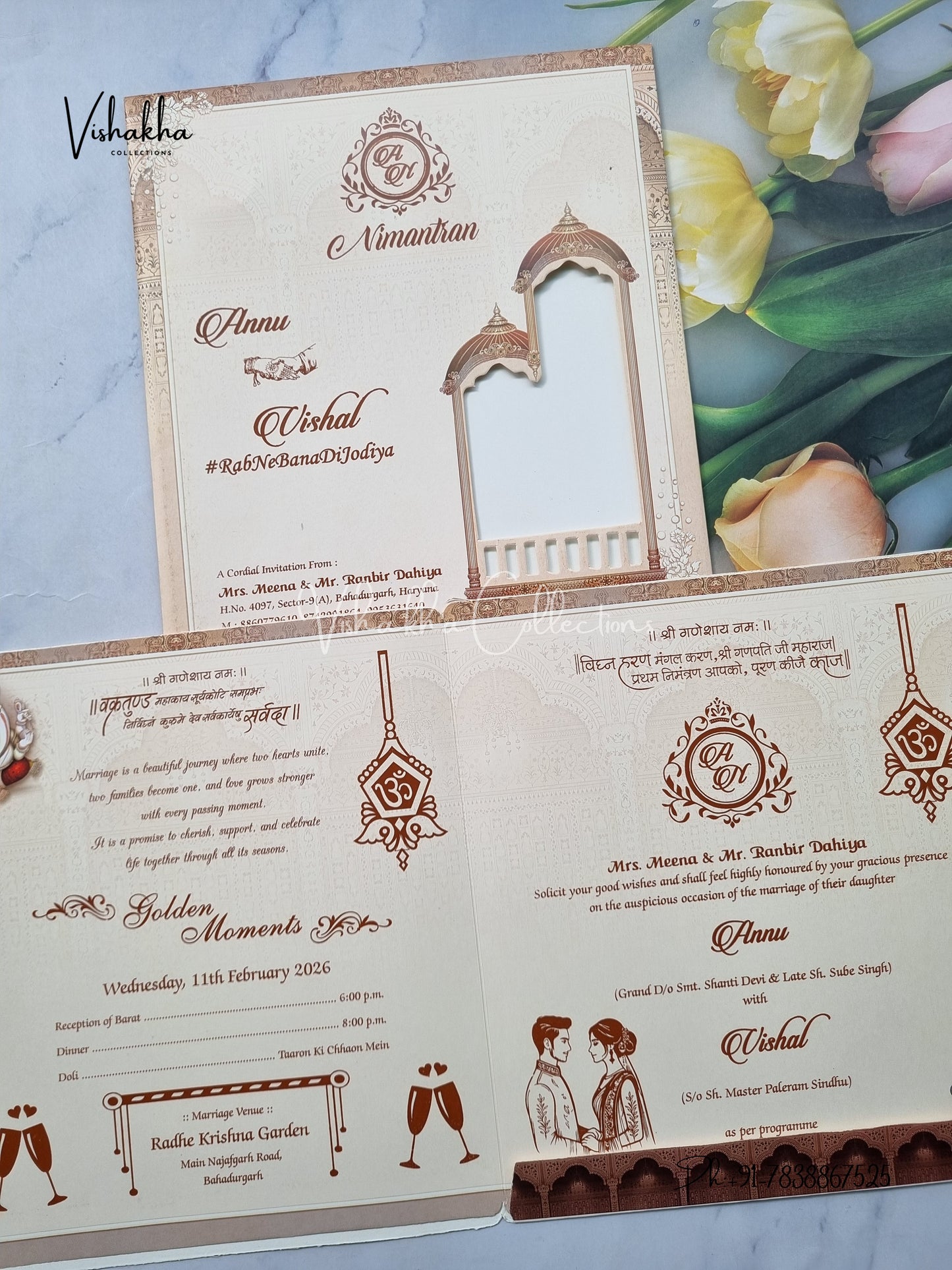 Barat Ganesh Ji Dulah Dulhan Hindu Light Brown Colored invitation Cards NA-1125-23