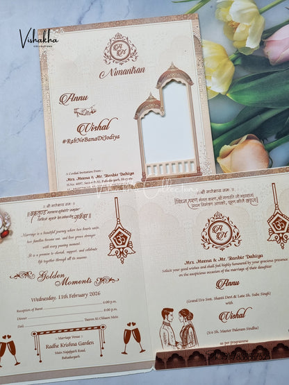 Barat Ganesh Ji Dulah Dulhan Hindu Light Brown Colored invitation Cards NA-1125-23