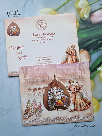 Semi Box Ganesh Ji Dulah Dulhan Double Door Hindu Peach Pink Colored invitation Cards NA-1125-24