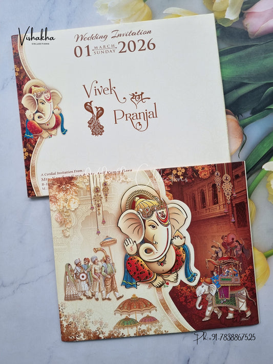 Barat Semi Box Hathi Ganesh Ji Double Door Hindu Yellow And Brown Colored invitation Cards NA-1125-25