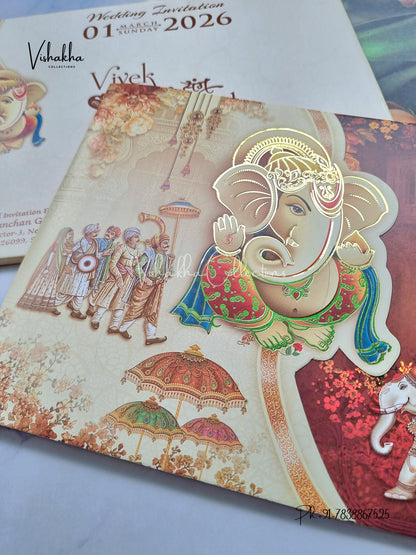 Barat Semi Box Hathi Ganesh Ji Double Door Hindu Yellow And Brown Colored invitation Cards NA-1125-25