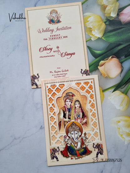 Barat Ganesh Ji Dulah Dulhan Hindu Light Orange Colored invitation Cards NA-1125-26