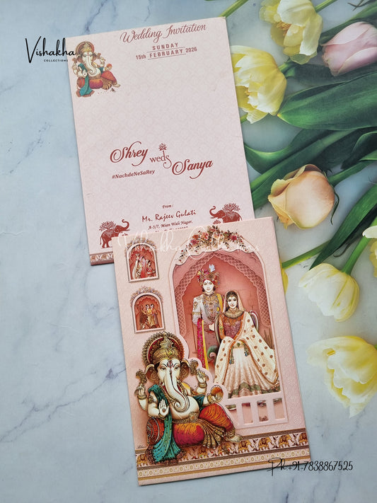 Ganesh Ji Dulah Dulhan Hindu Pink Colored invitation Cards NA-1125-27