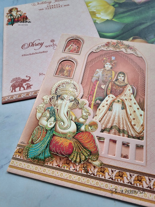 Ganesh Ji Dulah Dulhan Hindu Pink Colored invitation Cards NA-1125-27