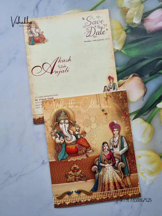 Semi Box Ganesh Ji Dulah Dulhan Hindu Yellow Colored invitation Cards NA-1125-28