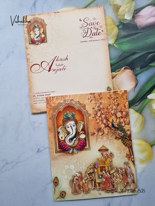 Peacock Barat Semi Box Ganesh Ji Hindu Yellow Brown Colored invitation Cards NA-1125-29