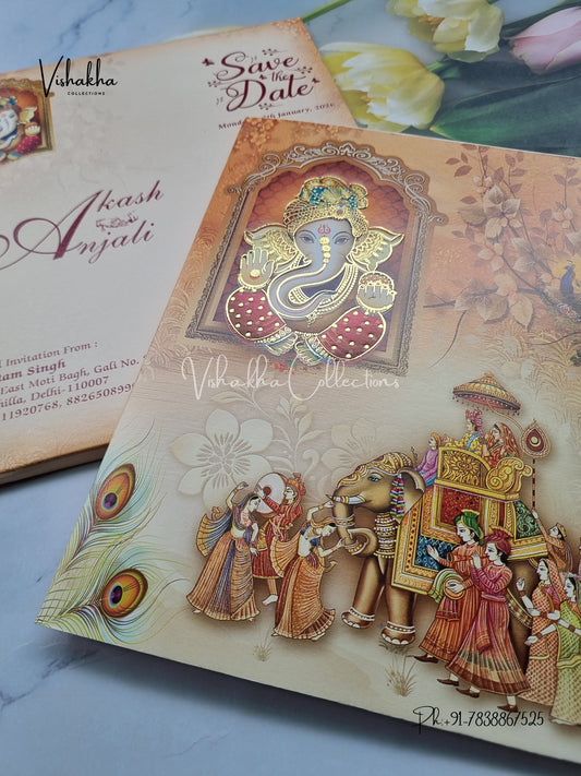 Peacock Barat Semi Box Ganesh Ji Hindu Yellow Brown Colored invitation Cards NA-1125-29