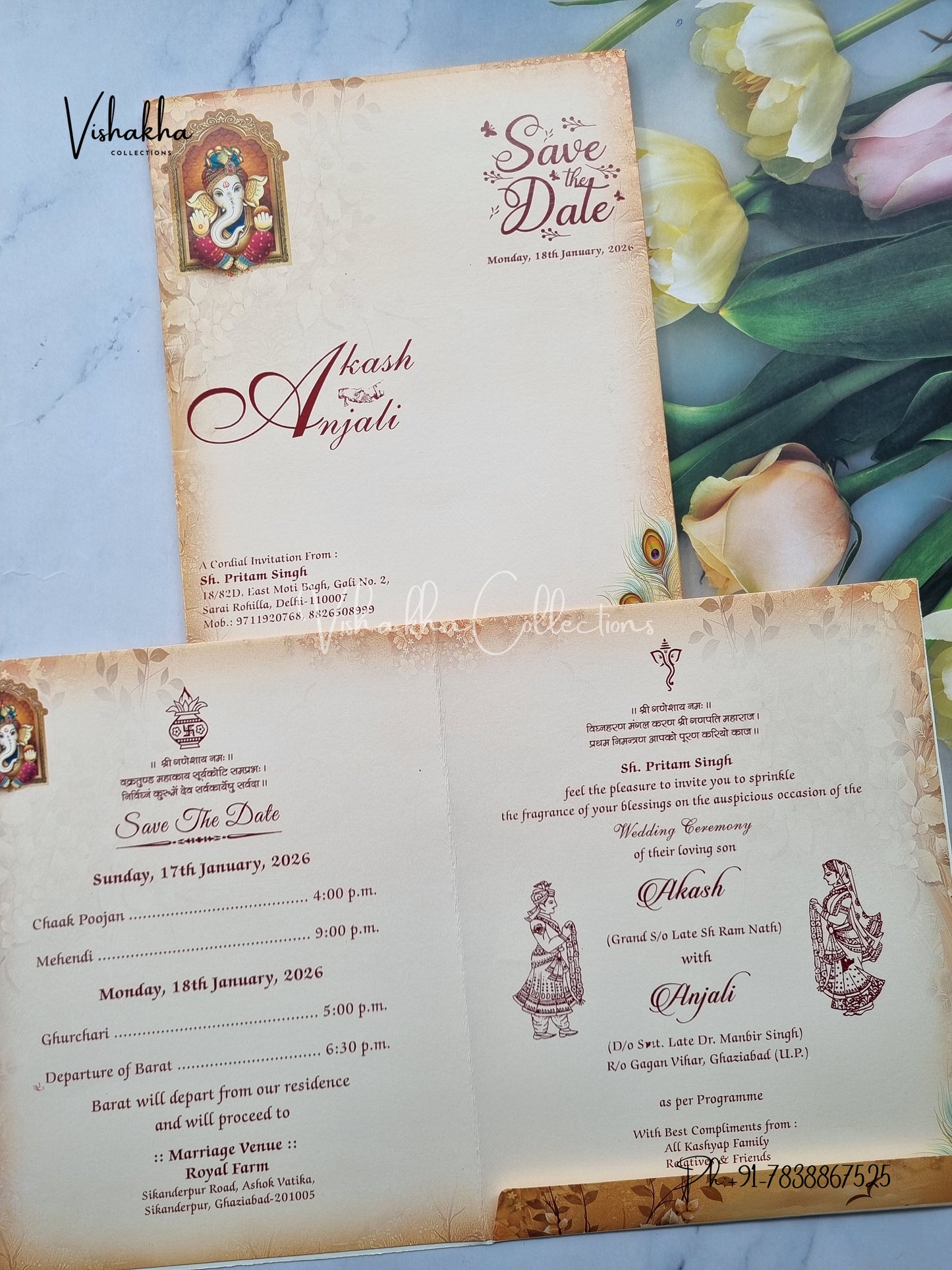 Peacock Barat Semi Box Ganesh Ji Hindu Yellow Brown Colored invitation Cards NA-1125-29