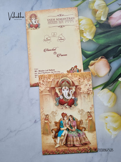 Ganesh Ji Dulah Dulhan Hindu Light Yellow Colored invitation Cards NA-1125-31