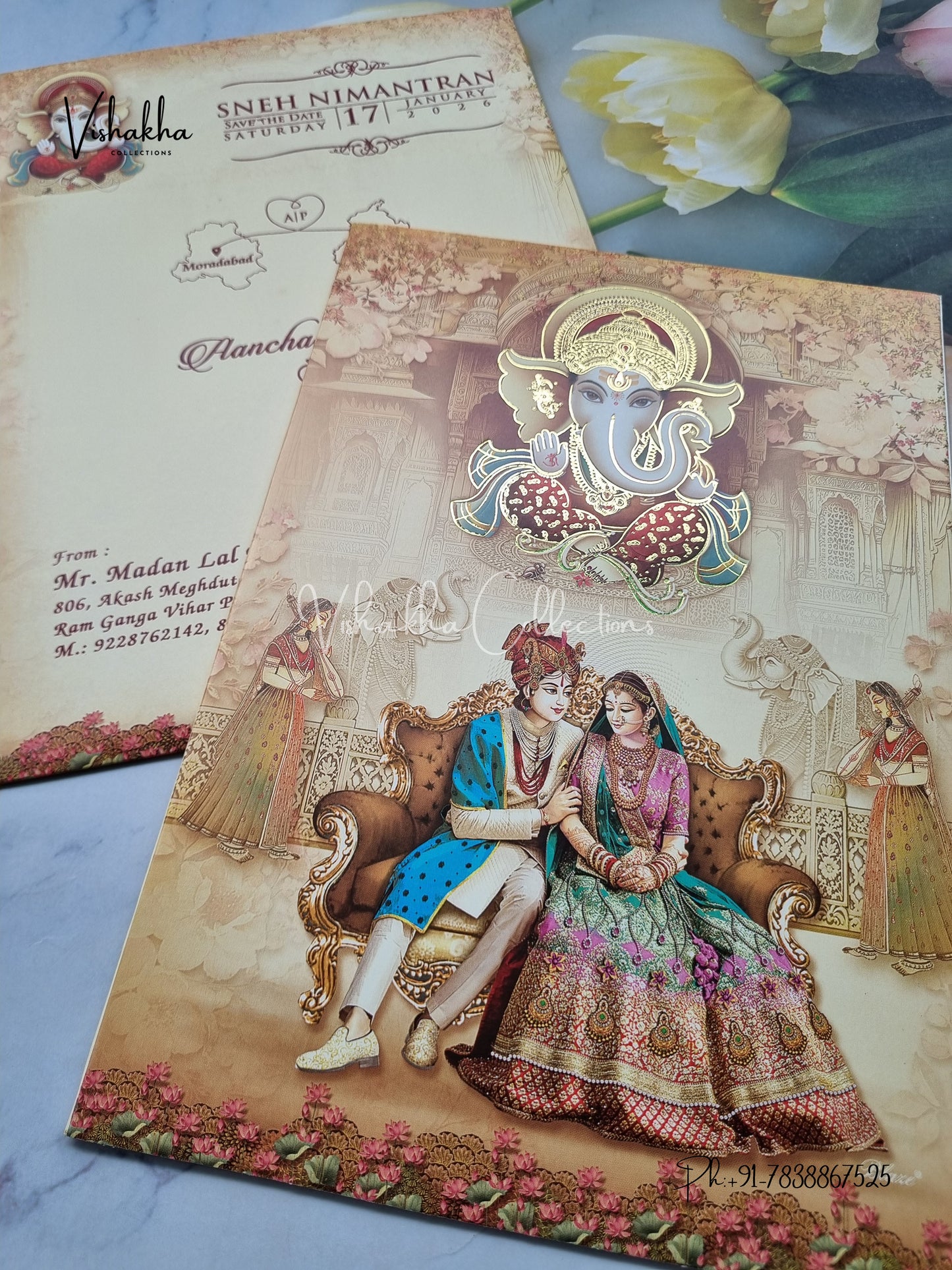 Ganesh Ji Dulah Dulhan Hindu Light Yellow Colored invitation Cards NA-1125-31