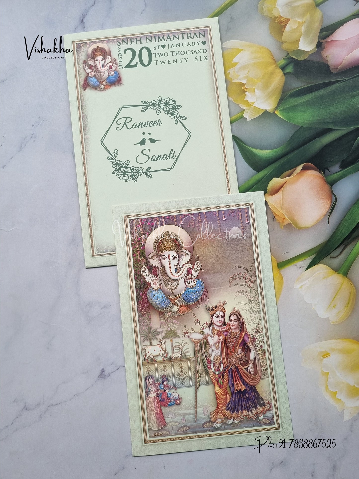 Radha Krishna Ganesh Ji Hindu Light Blue Colored invitation Cards NA-1125-32