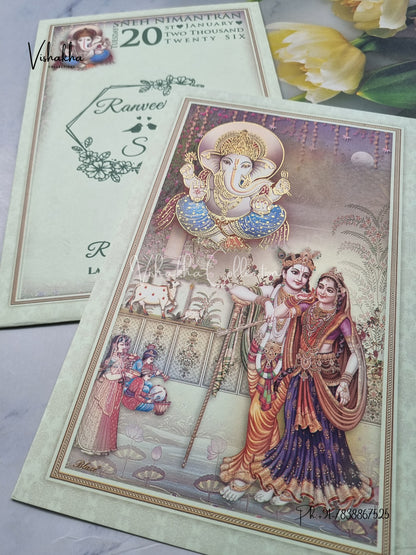 Radha Krishna Ganesh Ji Hindu Light Blue Colored invitation Cards NA-1125-32