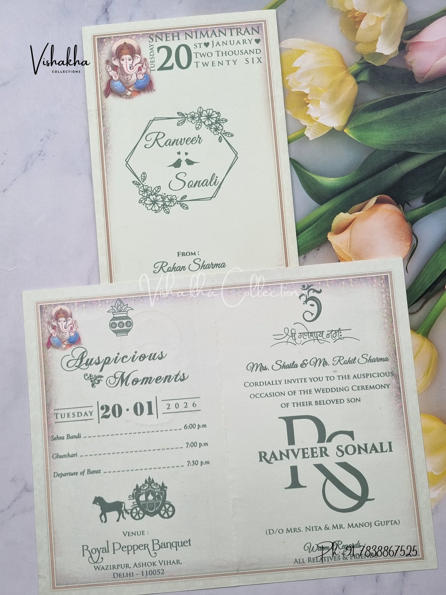 Radha Krishna Ganesh Ji Hindu Light Blue Colored invitation Cards NA-1125-32