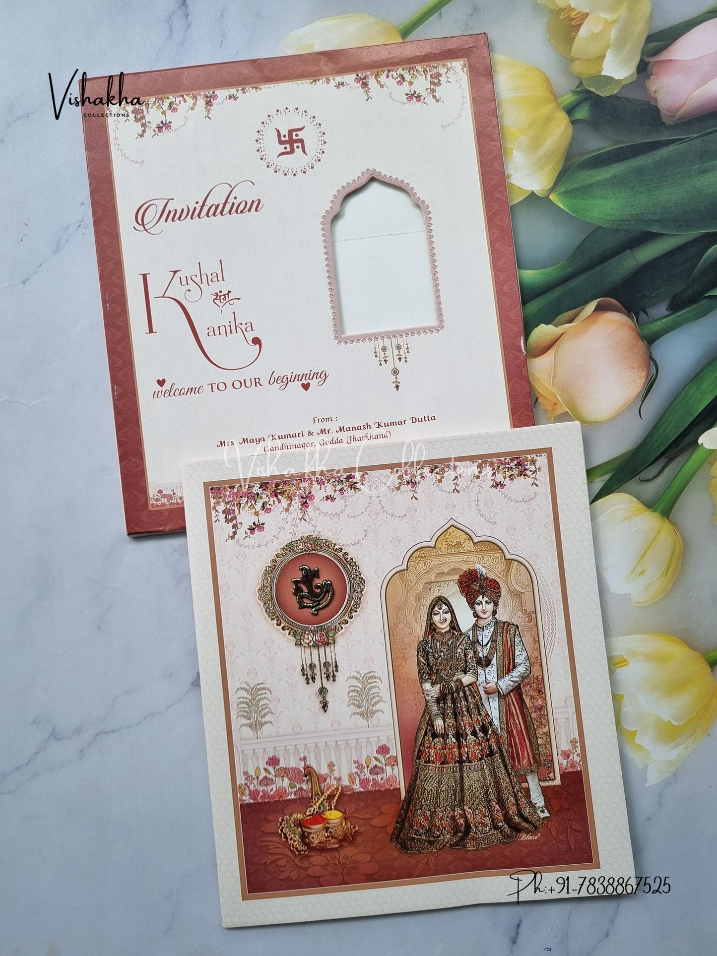 Semi Box Dulah Dulhan Flower Hindu Light Brown Colored invitation Cards NA-1125-36