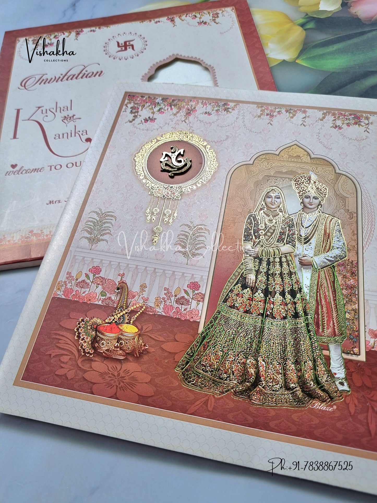 Semi Box Dulah Dulhan Flower Hindu Light Brown Colored invitation Cards NA-1125-36