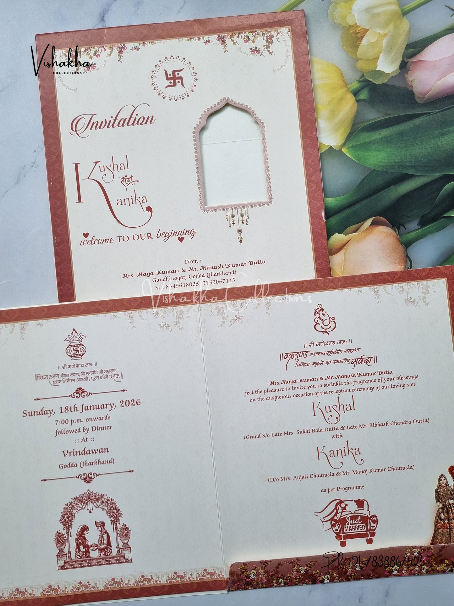 Semi Box Dulah Dulhan Flower Hindu Light Brown Colored invitation Cards NA-1125-36