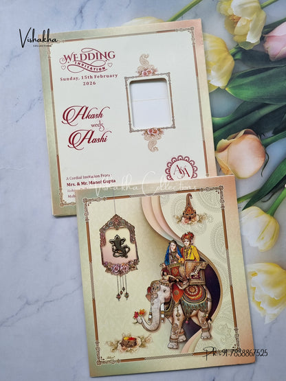 Semi Box Hathi Dulah Dulhan Hindu Yellow Colored invitation Cards NA-1125-37