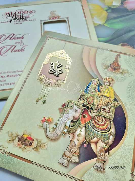 Semi Box Hathi Dulah Dulhan Hindu Yellow Colored invitation Cards NA-1125-37