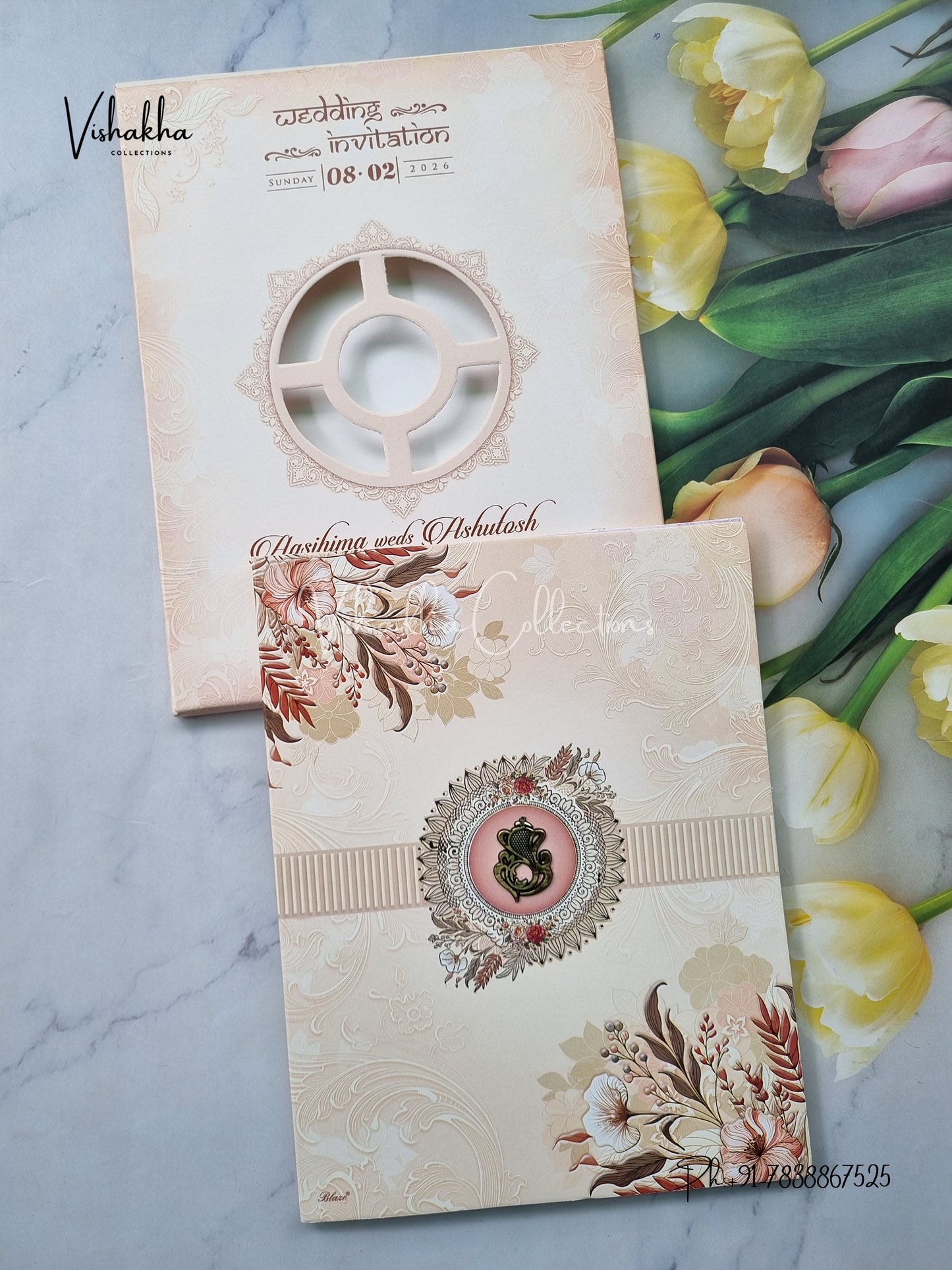 Semi Box Flower Hindu Muslim Christian Sikh Peach Colored invitation Cards NA-1125-39