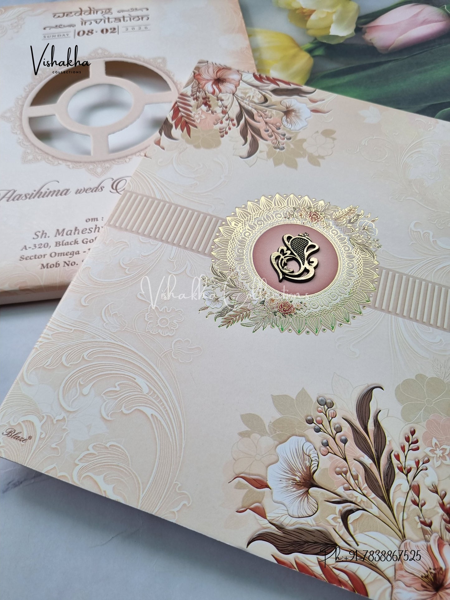 Semi Box Flower Hindu Muslim Christian Sikh Peach Colored invitation Cards NA-1125-39