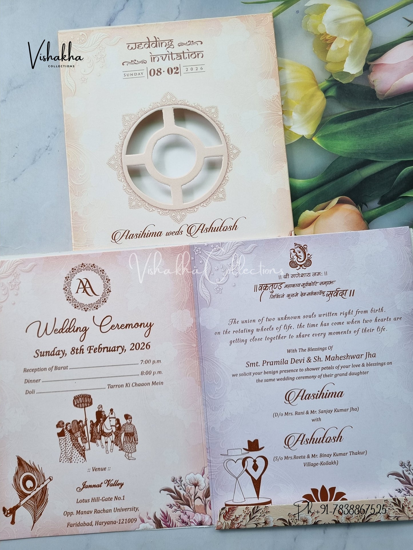 Semi Box Flower Hindu Muslim Christian Sikh Peach Colored invitation Cards NA-1125-39